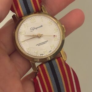 Vintage Schiaparelli Watch – Rainbow Fabric Band, Unique Designer Timepiece